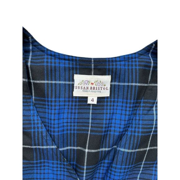 Susan Bristol Vintage Navy Blue & Black Plaid Jumper Pleated Midi‎ Dress Size 4 - Picture 4 of 6